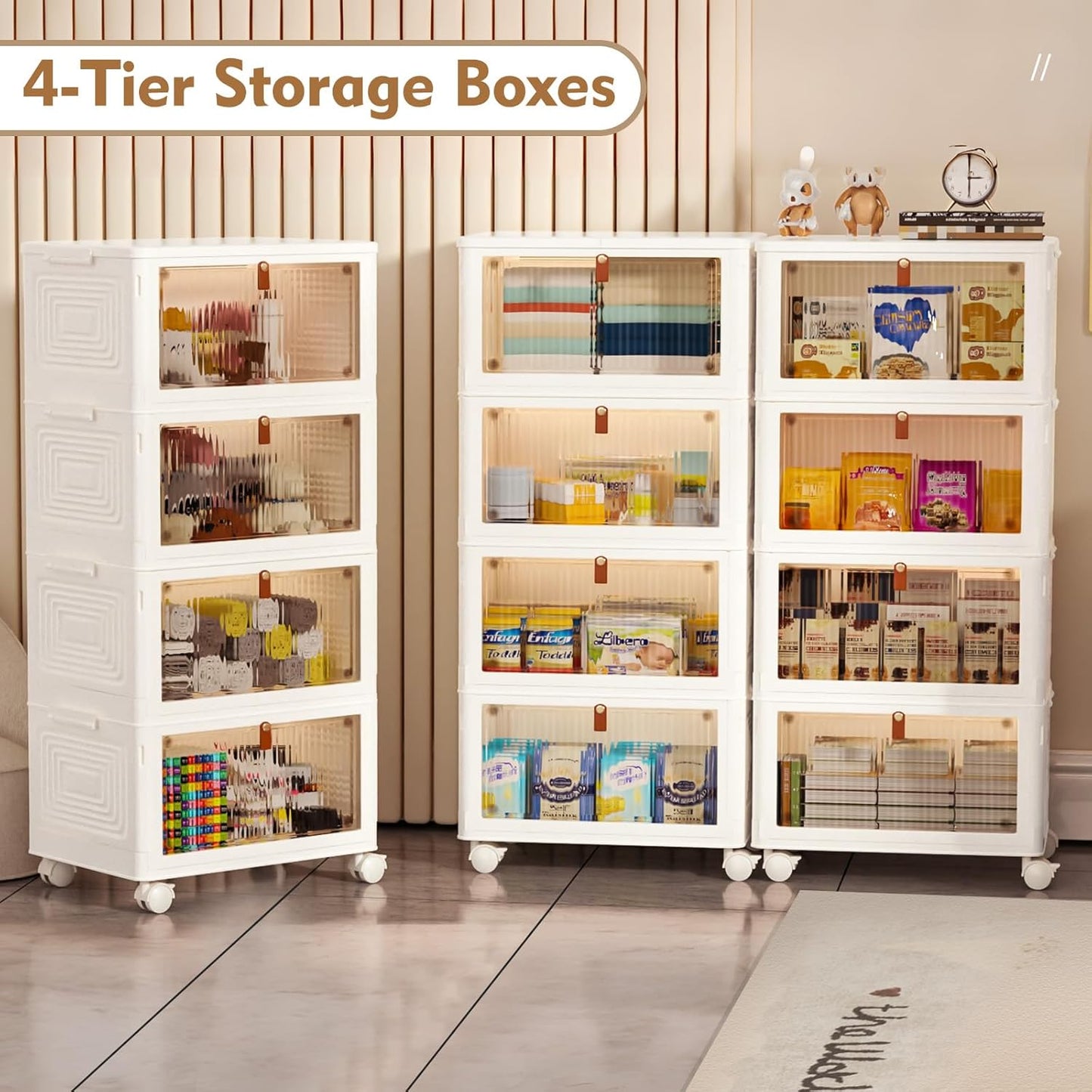 Storage Boxes with Lids, Bathroom Storage, Plastic Storage Boxes with 1 Lid, 4-Tier Stackable Storage Boxes with Wheels, Clothes Storage, Organizer for Bedroom Living Room Study Office