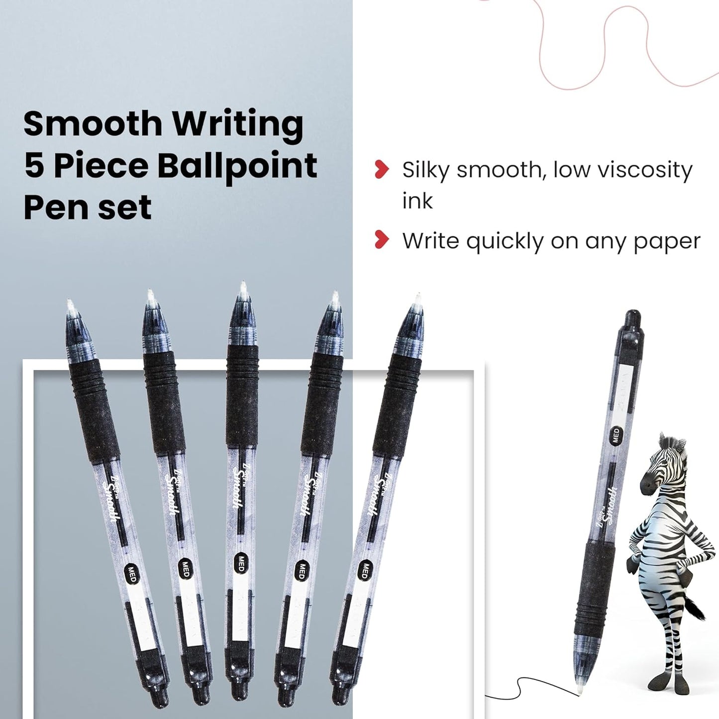 Z Grip Smooth Black Ballpoint Pens, Comfortable s with Pocket Clip, Retractable Ballpoint, Reliable Black Biro Pens Multipack for Everyday Use - Medium Point, 5Pk