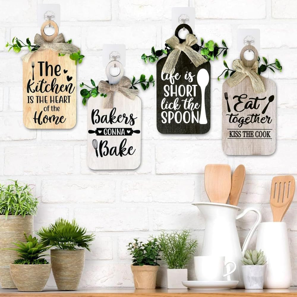 4 Pieces Wooden Hanging Sign Kitchen Wooden Wall Art Rustic Wood Bar Sign Farmhouse Style Wall Art for Kitchen Home Art Decor