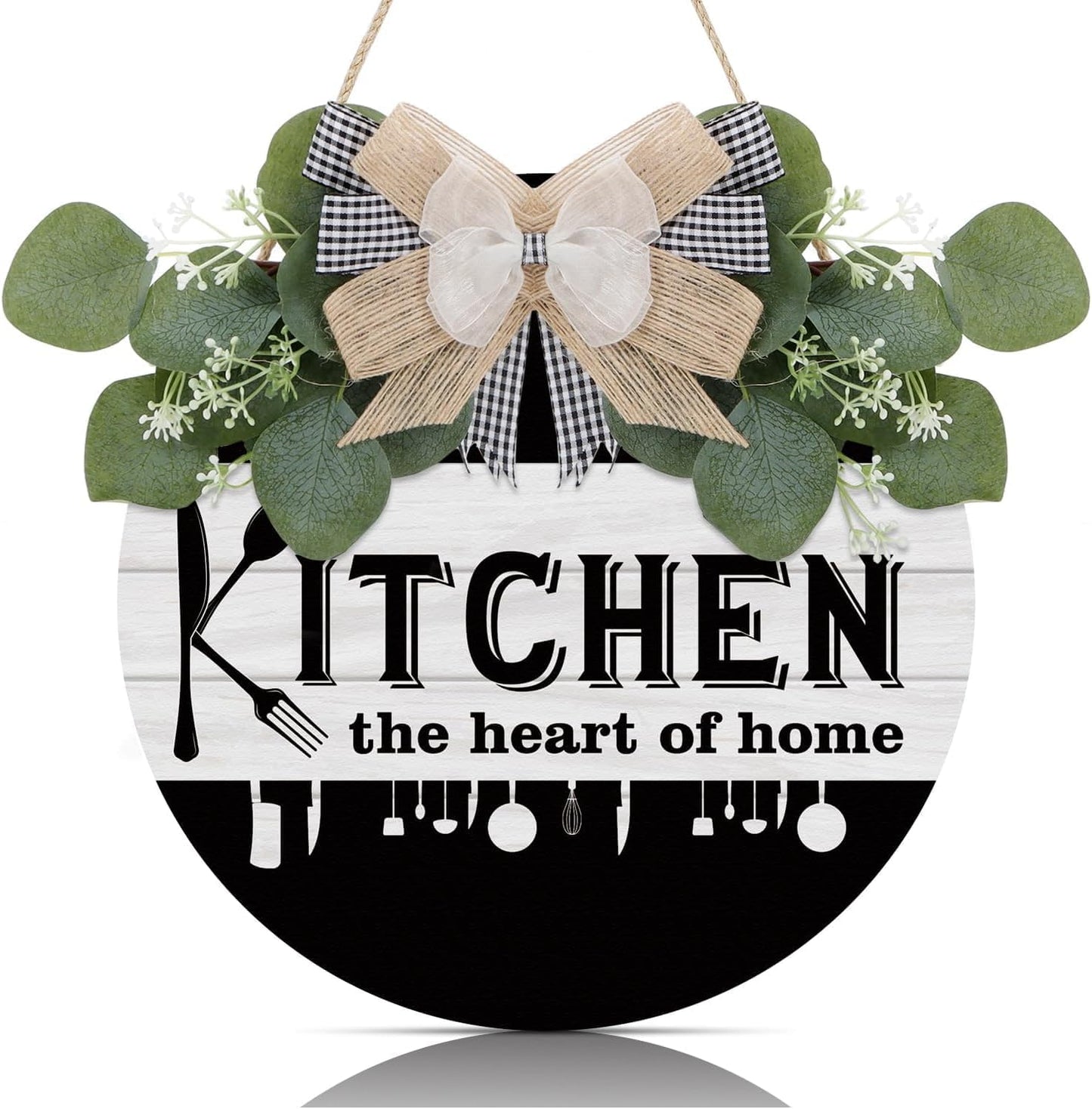 Kitchen Wooden Hanging Signs Rustic Wood Sign for Home Kitchen Decor round Wood Hanging Sign with Ribbon Bow and Artificial Green Leaves Farmhouse Style Wall Art for Kitchen Home Art Decor