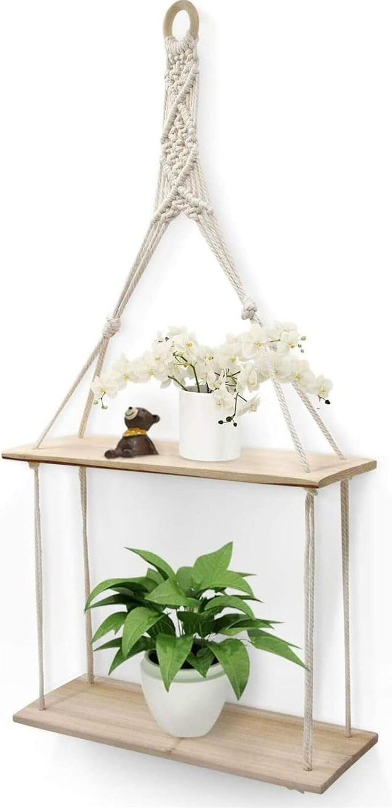 2 Tier Hanging Floating Macrame Rope Shelf Wooden Storage Kitchen Wall Boho Decor Gift (HANGING SHELF 30X10X72 Cm)