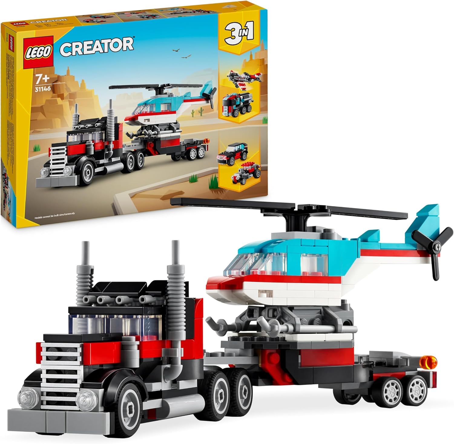 Creator 3In1 Flatbed Truck with Helicopter Toy to Propeller Plane and Fuel Lorry to Hot Rod and SUV Car Toys for 7 plus Year Old Boys, Girls and Kids Who Love Cool Vehicles, Gift Idea 31146