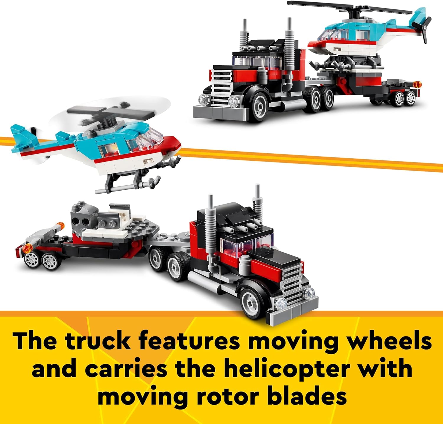 Creator 3In1 Flatbed Truck with Helicopter Toy to Propeller Plane and Fuel Lorry to Hot Rod and SUV Car Toys for 7 plus Year Old Boys, Girls and Kids Who Love Cool Vehicles, Gift Idea 31146