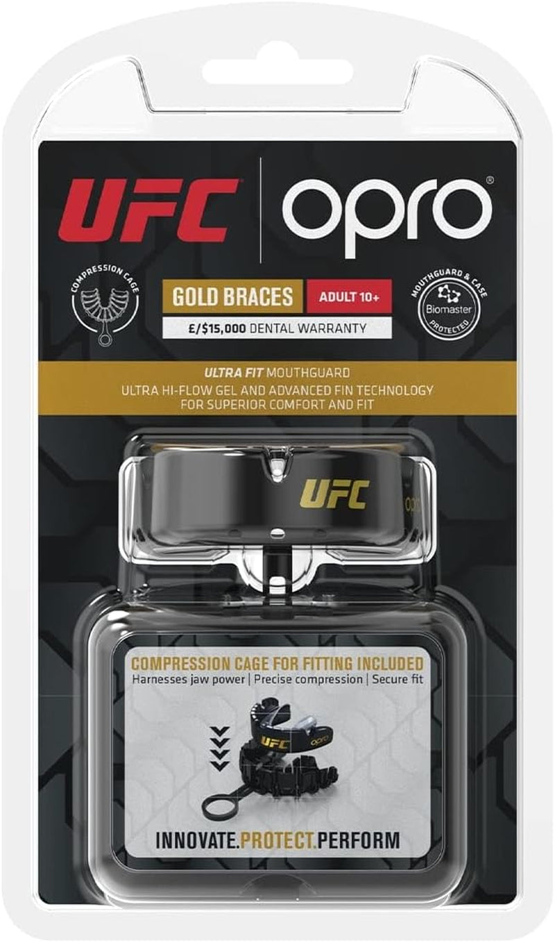 UFC Gold Level Gum Shield for Braces – Mouldable Mouth Guard with Superior Comfort & Multi-Layer Protection for Boxing, Rugby, Hockey, MMA, BJJ, & Lacrosse – with Mouthguard Case (Black/Silver)