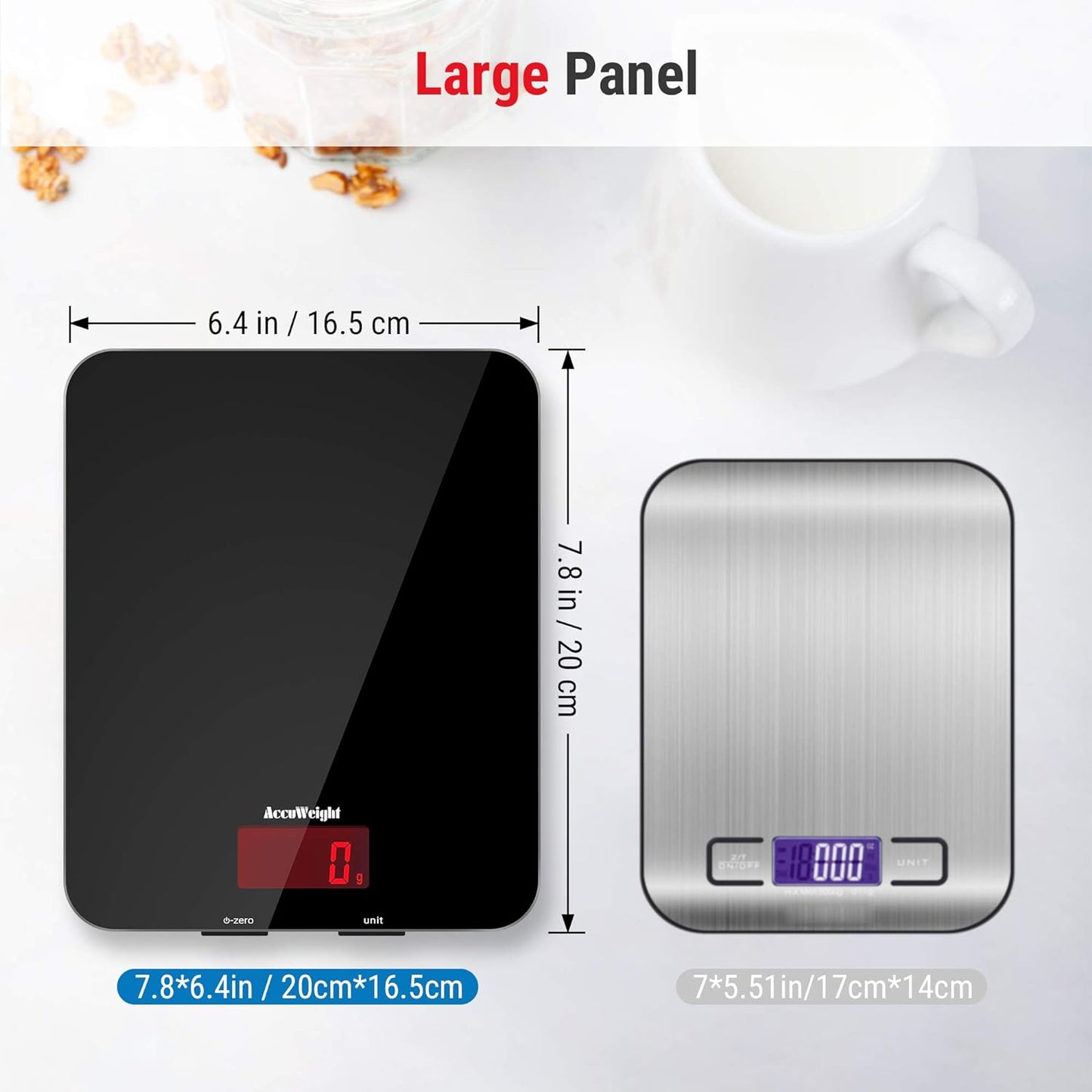 201 Digital Kitchen Scales with Tempered Glass Platform Electronic Weighing Food Scale with Backlit LCD Display Multifunctional, for Office School Home Baking Cooking, 5Kg/11Lb