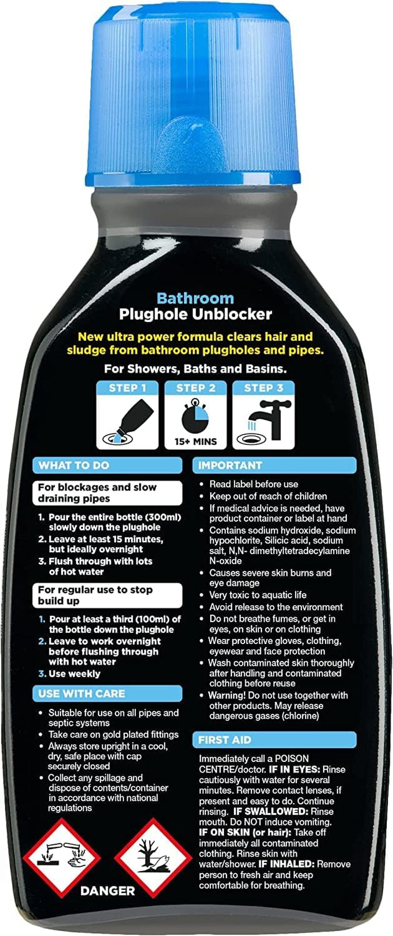 Bathroom Drain Unblocker 300Ml, Pack of 2 – Sink Unblocker Removes Hair & Sludge in Showers, Baths & Sinks. Fast-Acting Shower Drain Unblocker Clears Blockages & Slow-Draining Water