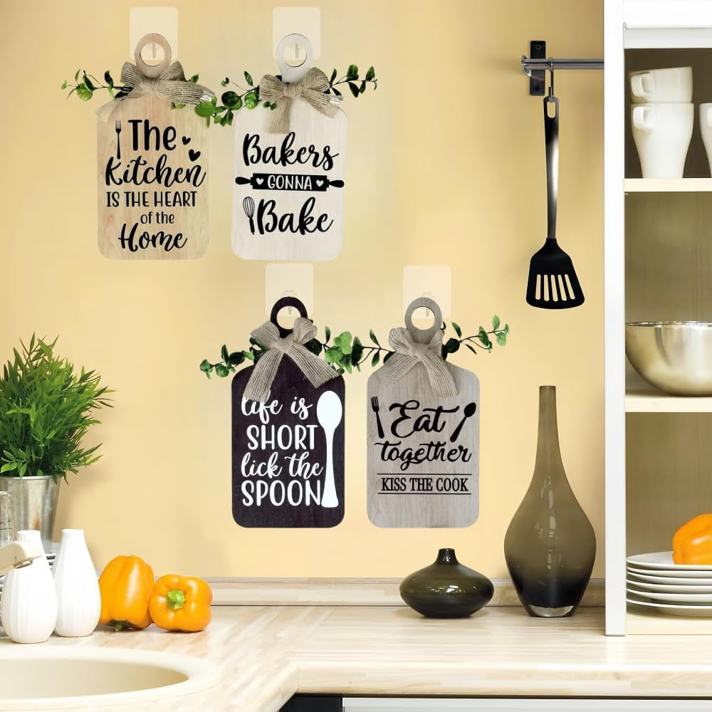4 Pieces Wooden Hanging Sign Kitchen Wooden Wall Art Rustic Wood Bar Sign Farmhouse Style Wall Art for Kitchen Home Art Decor