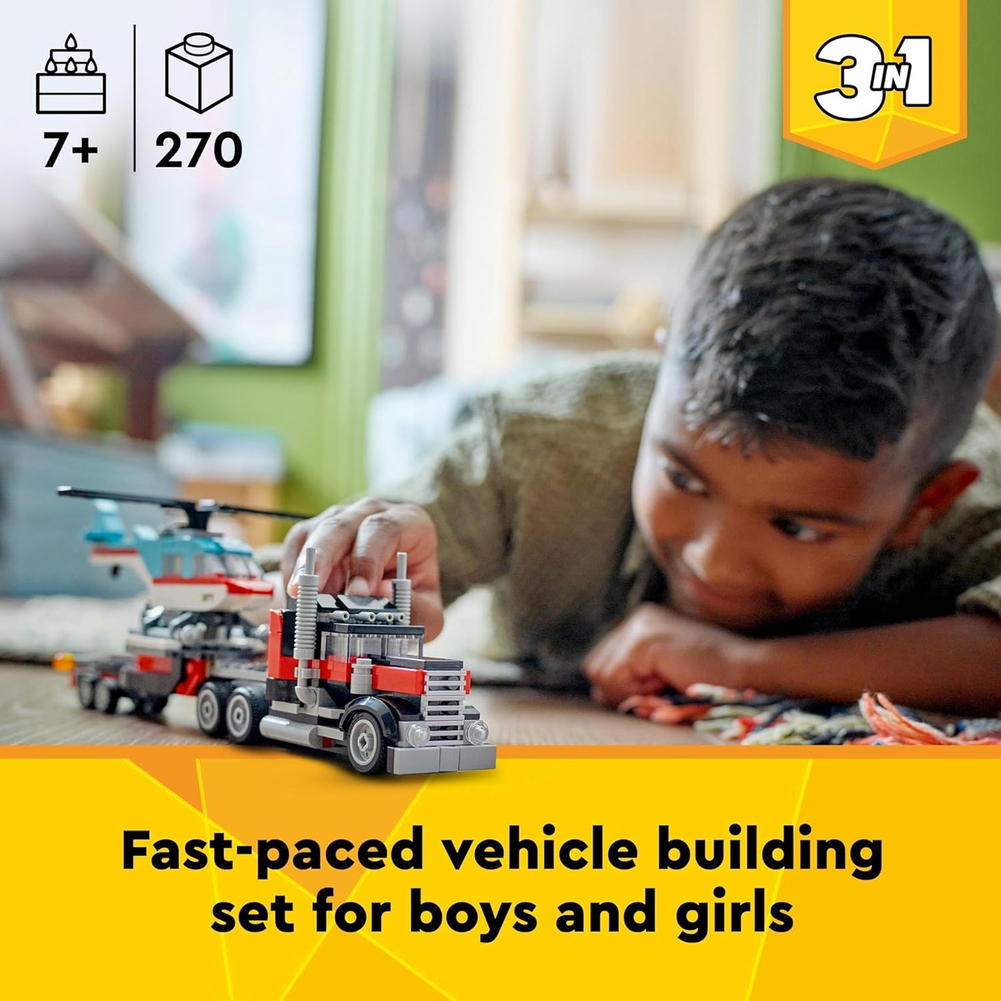 Creator 3In1 Flatbed Truck with Helicopter Toy to Propeller Plane and Fuel Lorry to Hot Rod and SUV Car Toys for 7 plus Year Old Boys, Girls and Kids Who Love Cool Vehicles, Gift Idea 31146