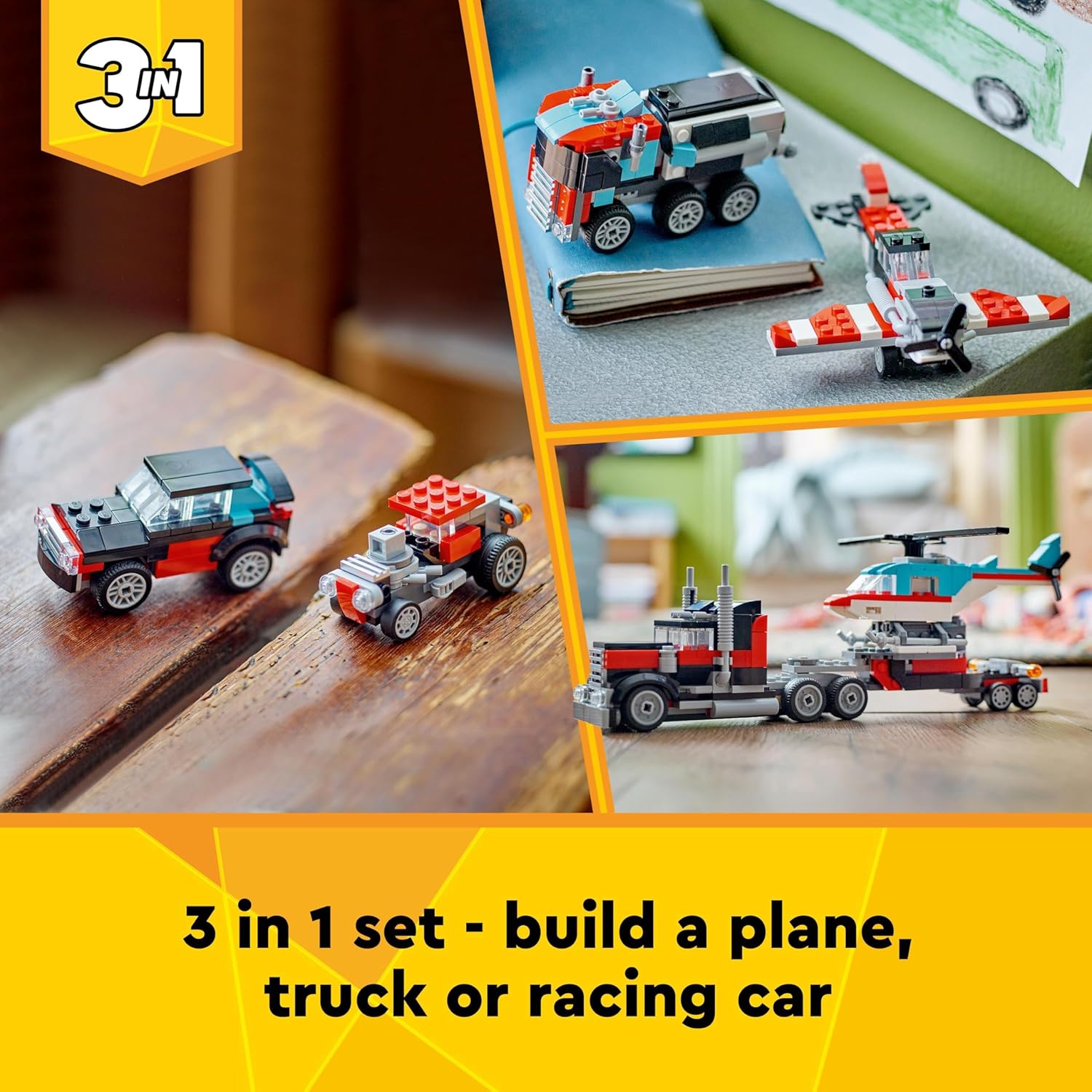 Creator 3In1 Flatbed Truck with Helicopter Toy to Propeller Plane and Fuel Lorry to Hot Rod and SUV Car Toys for 7 plus Year Old Boys, Girls and Kids Who Love Cool Vehicles, Gift Idea 31146