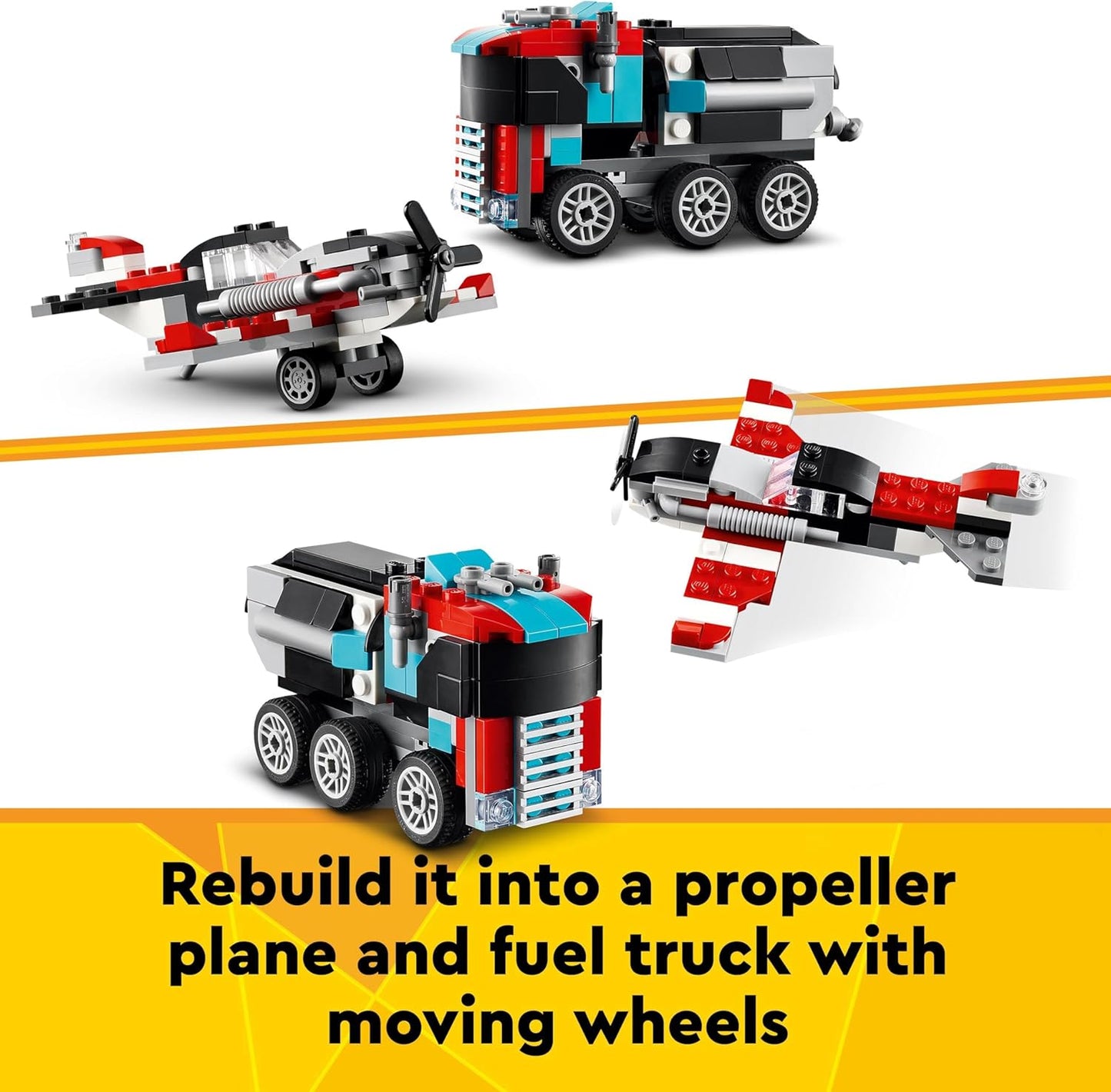 Creator 3In1 Flatbed Truck with Helicopter Toy to Propeller Plane and Fuel Lorry to Hot Rod and SUV Car Toys for 7 plus Year Old Boys, Girls and Kids Who Love Cool Vehicles, Gift Idea 31146