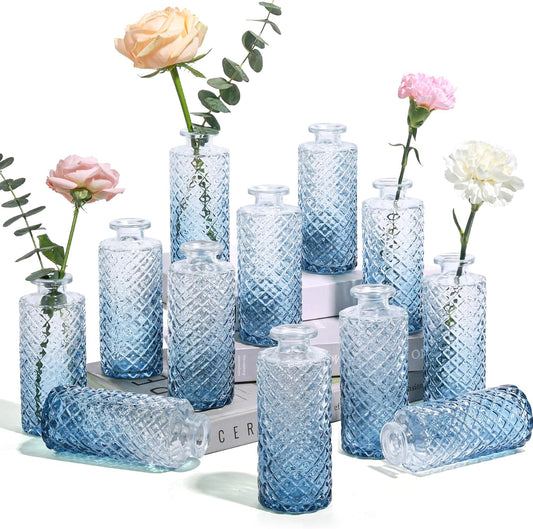Glass Bud Vases Set of 12, Small Diamond Bud Vases in Bulk, Mini Flowers Vases for Centerpieces, Vintage Decor Centerpiece for Table, Wedding Recepetion, Home, Gift (Gradient Grey Blue)