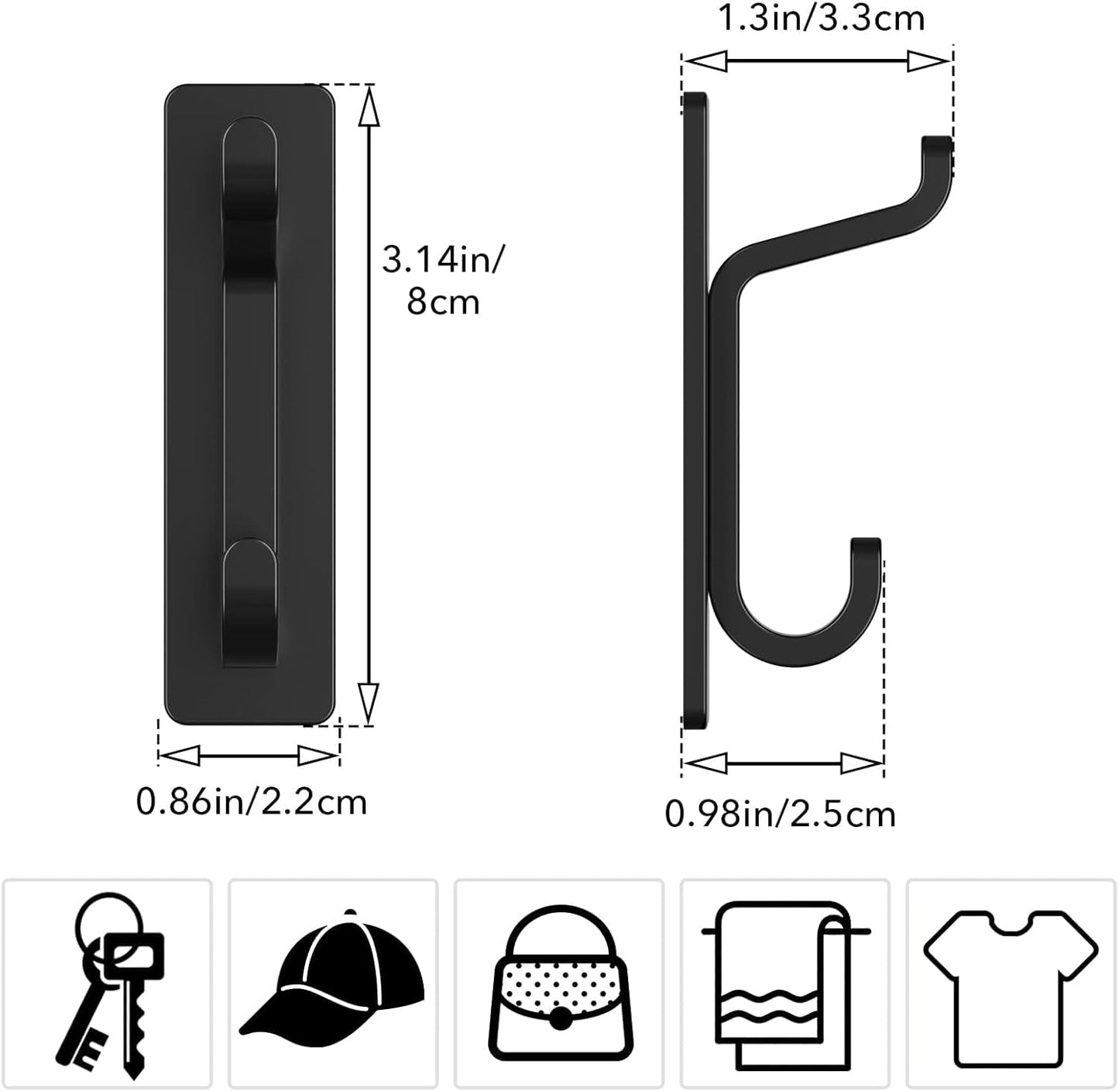 6-Pack Stick on Hooks for Hanging, Extra Sticky 6KG (Max), Coat Hooks for Door Self Adhesive, Metal Stainless Heavy Duty, for Towel Coat Hat Purse in Bathroom Shower, Black