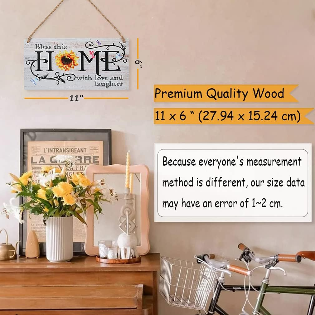 New Home Gifts Sunflower Rustic Wooden New House Plaque Sign Bless This Home with Love and Laughter Inspirational Saying Wooden Door Decor(11"X 6") Housewarming Gifts Living Room Decorations
