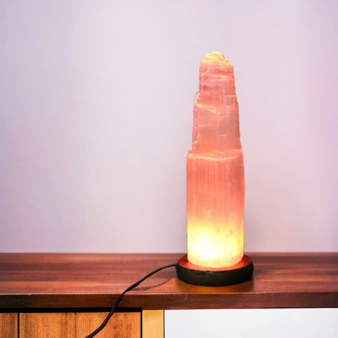 Pure Selenite Crystal Rock USB Mountain Tower LED Lamp Handcrafted Multi-Colour Wooden Base Meditation Healing Energy Mineral Gift Home Decoration Lamp (20Cm)
