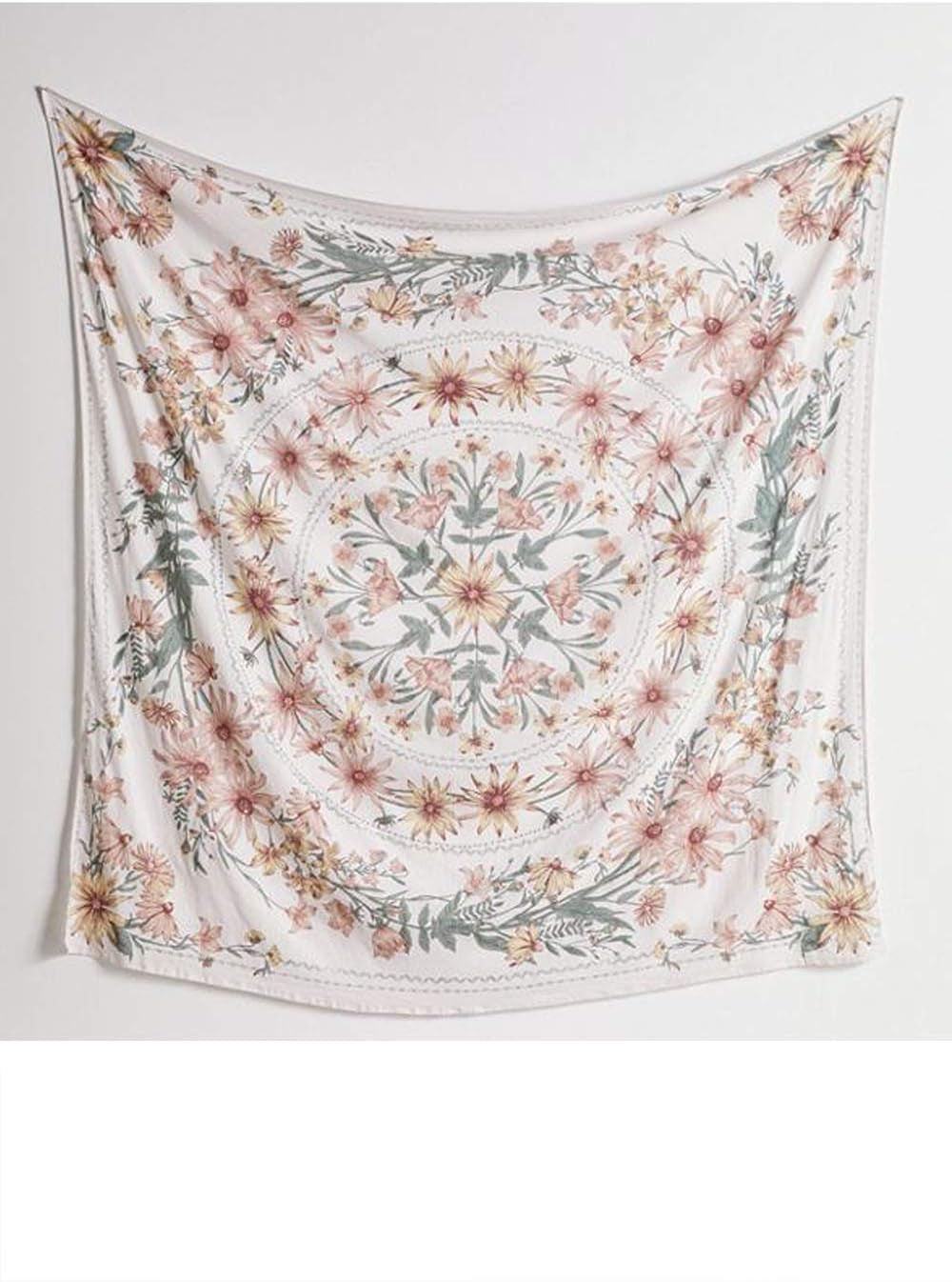 Beige Bohemian Tapestry Wall Hanging, Mandala Flower Medallion Hippie Tapestry with White Aesthetic Wreath Design, Psychedelic Hippie Wall Decoration Ceiling for Bedroom Dorm 150 X 170 Cm