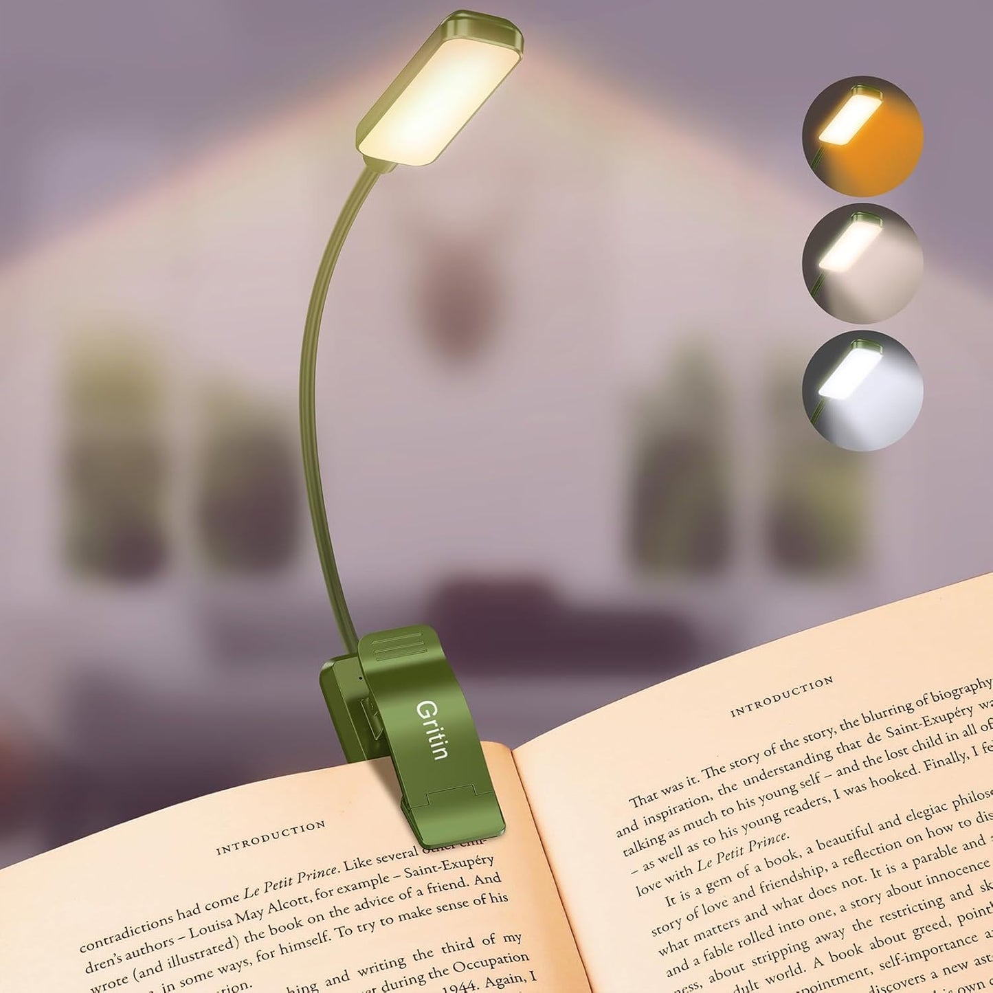 9 LED Clip on Book Light, 3 Eye-Protecting Modes Flexible Reading Light Book Lamp (Warm&Cool White) -Stepless Dimming, Rechargeable, Long Battery Life, 4-Level Power Indicator-Intense Green