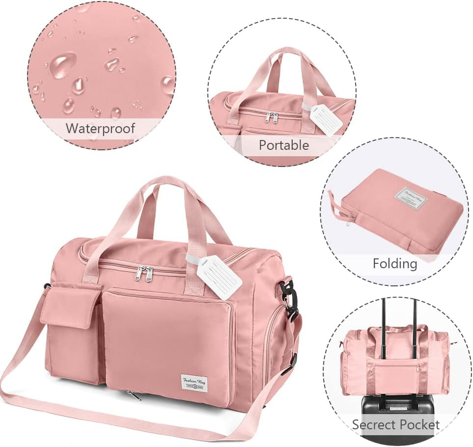 Duffel Bag, Foldable Overnight Weekend Bags for Women, Lightweight Hospital Bag with Wet and Dry Separation Bag, Large Holdall/Cabin/Gym Bag for Sports and Travel - Pink