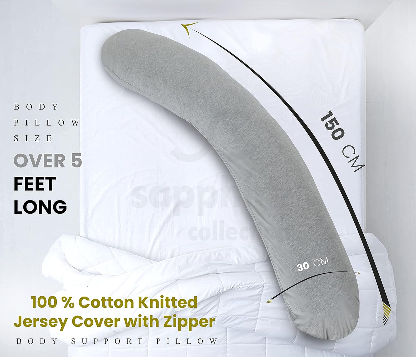 Orthopedic Body Sleep Pillow and Cover Hollowfiber Filling for Maternity Pregnancy Nursing Side Sleeper Support Includes Free Grey Cover