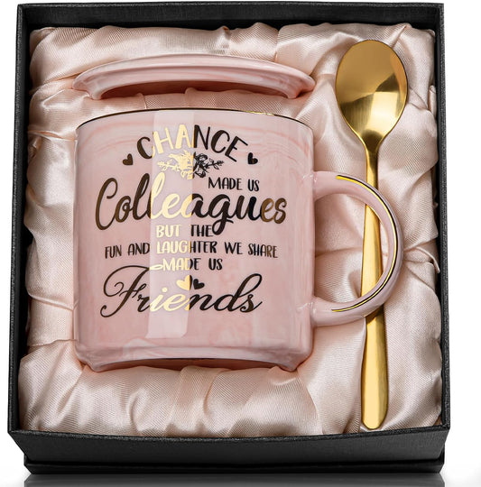 Leaving Gifts for Colleagues Women, Chance Made Us Colleagues - Work Colleague Coworker Gift for Christmas Going Away Farewell Retirement Thank You Bestie Friend, 14Oz Pink Marble Cup with Gold, Boxed
