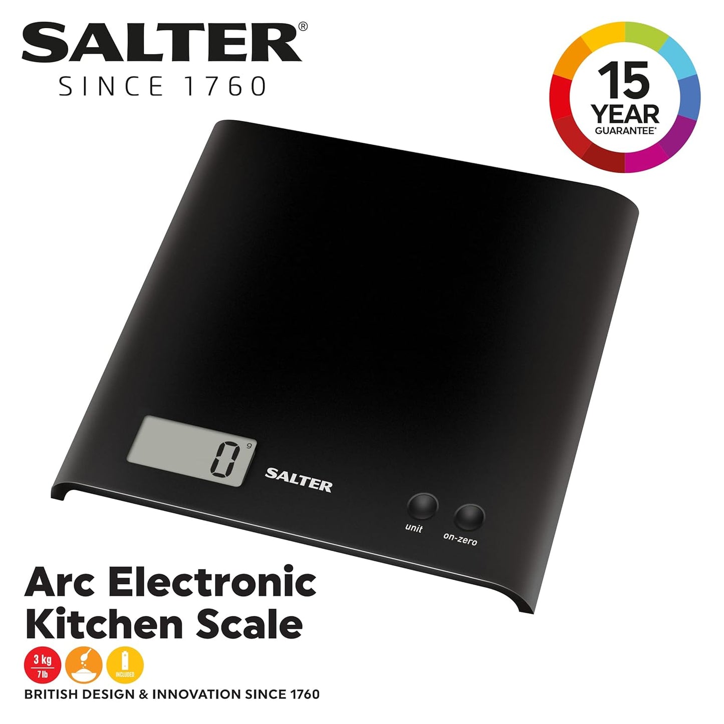 1066 BKDR15 Arc Kitchen Scale – Digital Food Weighing Scales for Precise Cooking/Baking, Slim Platform for Compact Storage, Add & Weigh/Tare Function, 3Kg Capacity, Battery Included, Black