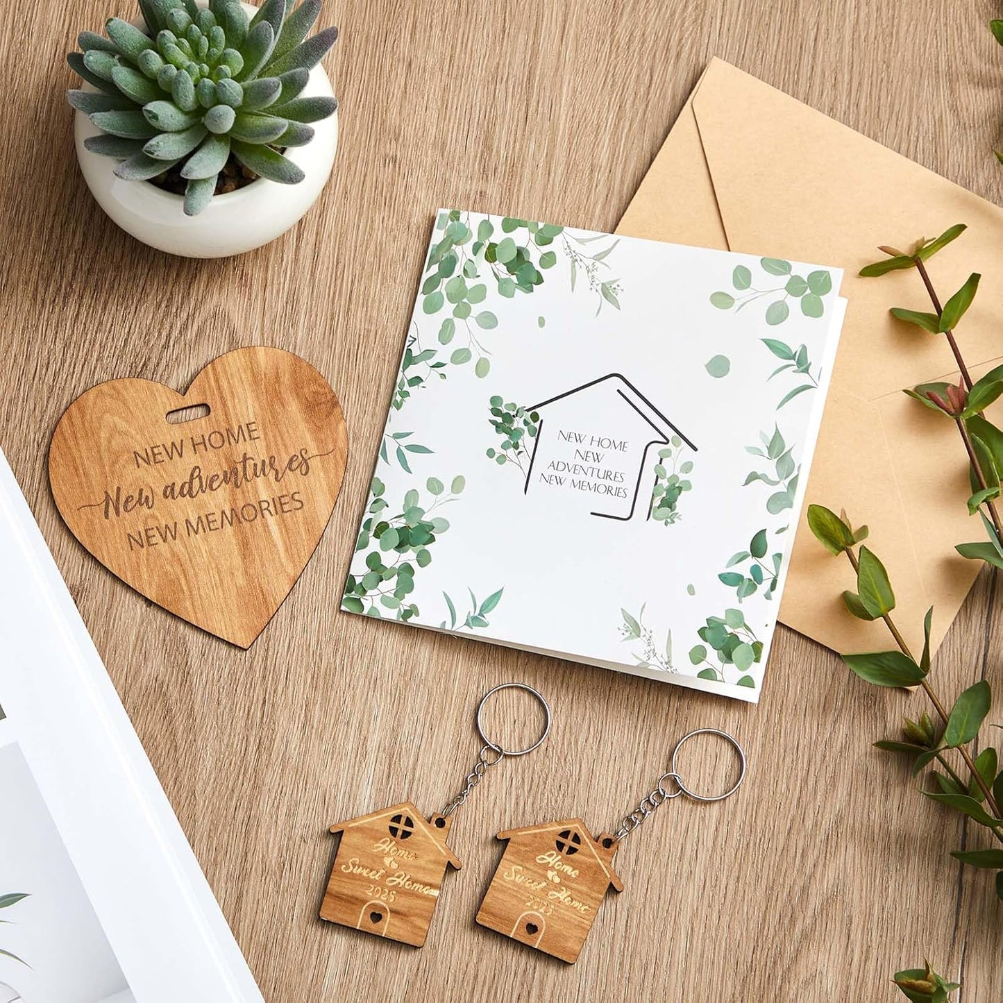 New Home Gift Sets Include 1 New Home Card with Envelope, 1 Wooden Heart Plaque Decoration Keepsake with Ribbon and 2 Home Sweet Home Keyrings, Housewarming Gifts for New Home Friends Couples