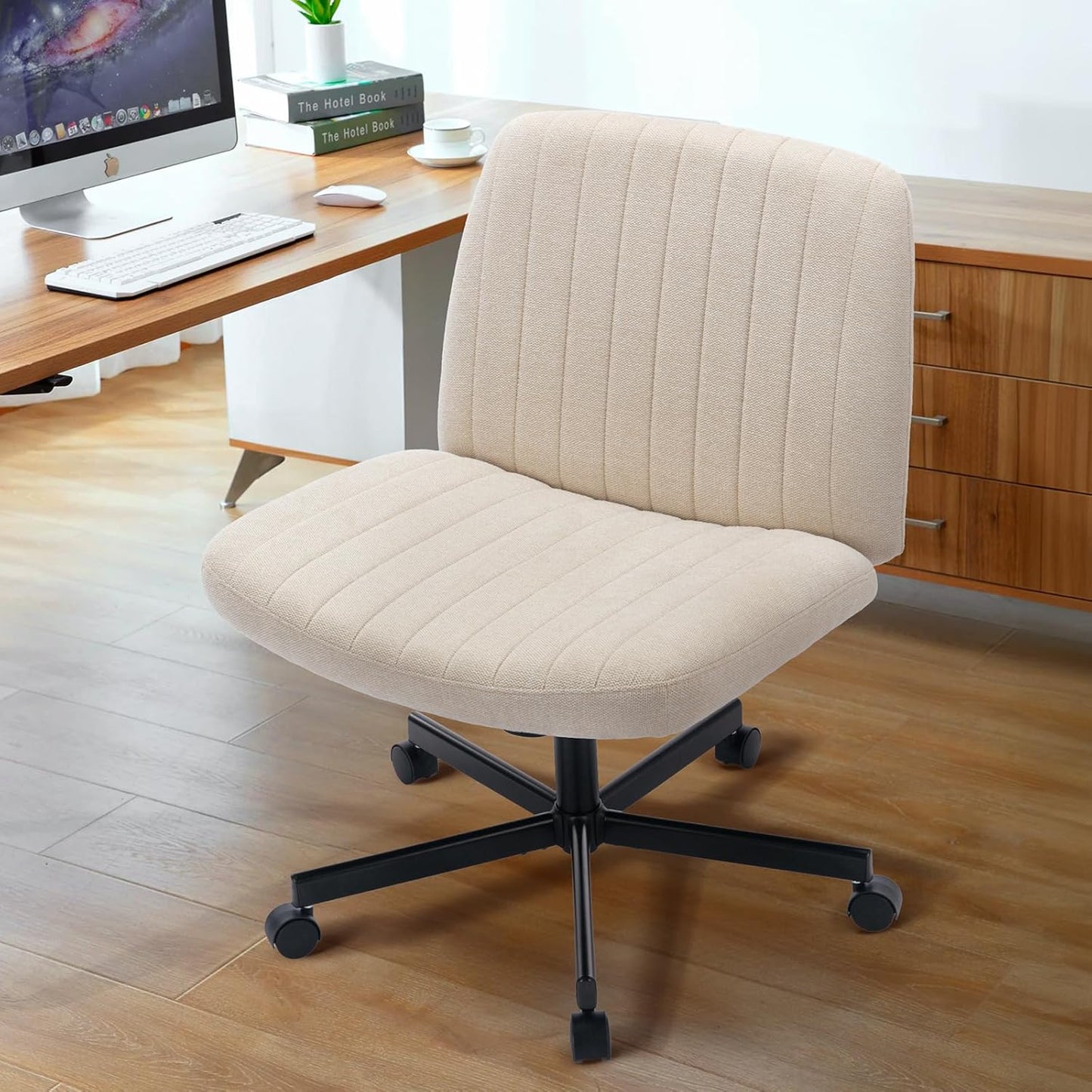 Wide Office Chair, Padded Armless Task Vanity Chair Swivel Home Office Desk Chair 115°Rocking Mid Back Ergonomic Computer Chair for Home Working, Make Up, Gaming (With Wheels, Beige)