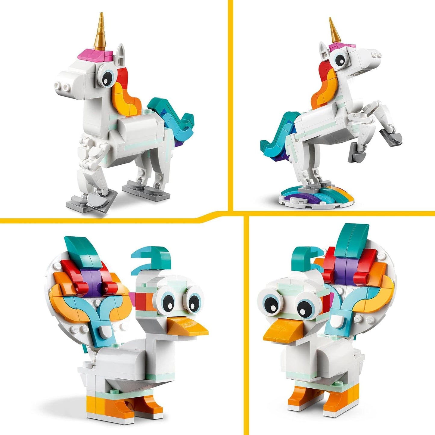 31140 Creator 3 in 1 Magical Unicorn Toy to Seahorse to Peacock, Rainbow Animal Figures, Unicorn Gift for Girls and Boys, Buildable Toys