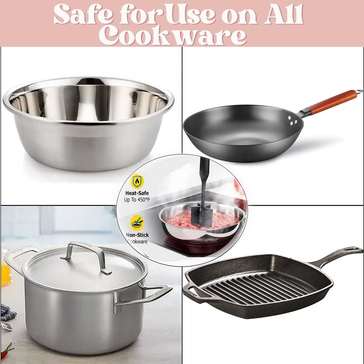 Meat Chopper, Ground Beef Masher with 5-Blade Head, Versatile High-Temp Heat-Resistant Hamburger Mince Masher, Non-Stick Mince Meat Masher for Hamburger Meat, Beef, Nylon Utensil Cookware