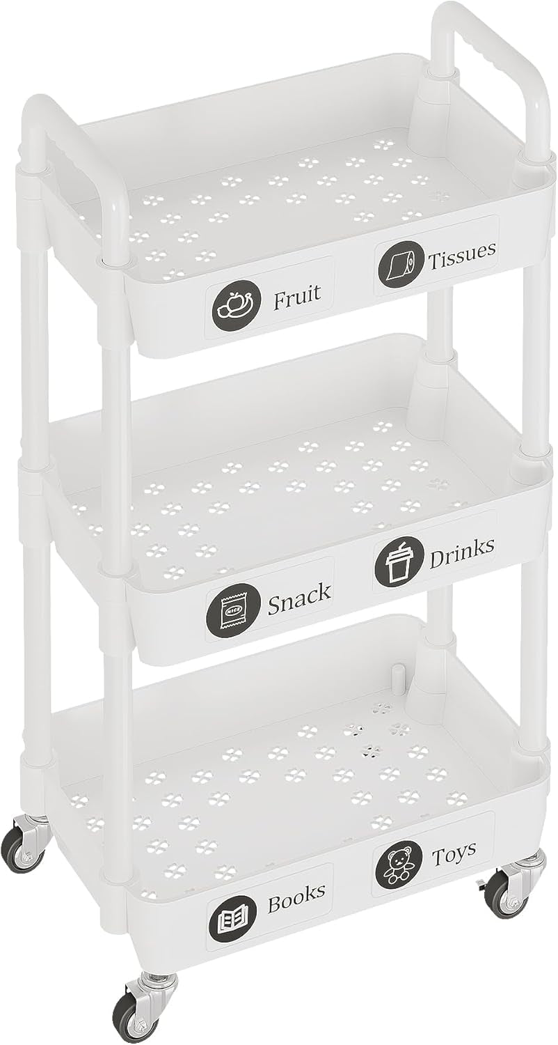 3-Tier Rolling Storage Cart with Lockable Casters, Beauty Trolly,Bathroom Trolley, Multifunctional Storage Trolley,White