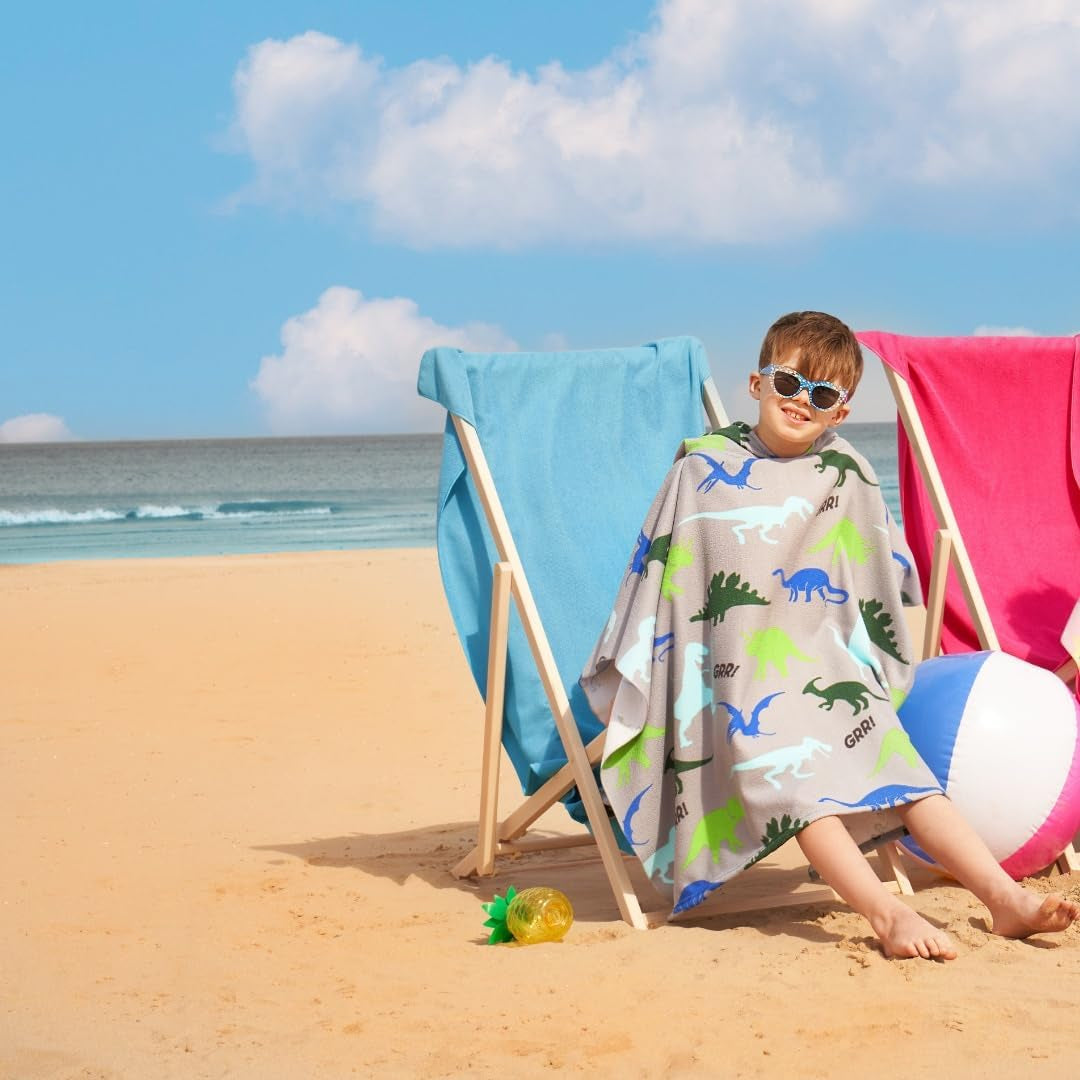 Kids Poncho Towel, Swimming Pool Hooded Changing Robe, Surfing, Beach, Baths, Quick Dry Soft Microfibre, Dino Print, 140X100Cm