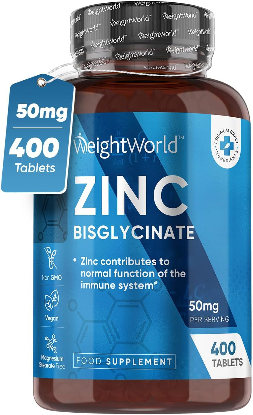 High Strength Zinc Tablets 50Mg – 400 Vegan Zinc Bisglycinate Tablets 6+ Months Supply – High Absorption Zinc Supplements for Skin, Hair and Nail - Immunity Supplements for Men & Women
