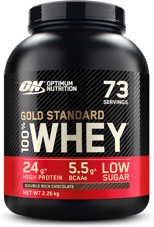 Gold Standard 100% Whey Muscle Building and Recovery Protein Powder with Naturally Occurring Glutamine and BCAA Amino Acids, Double Rich Chocolate Flavour, 73 Servings, 2.26 Kg