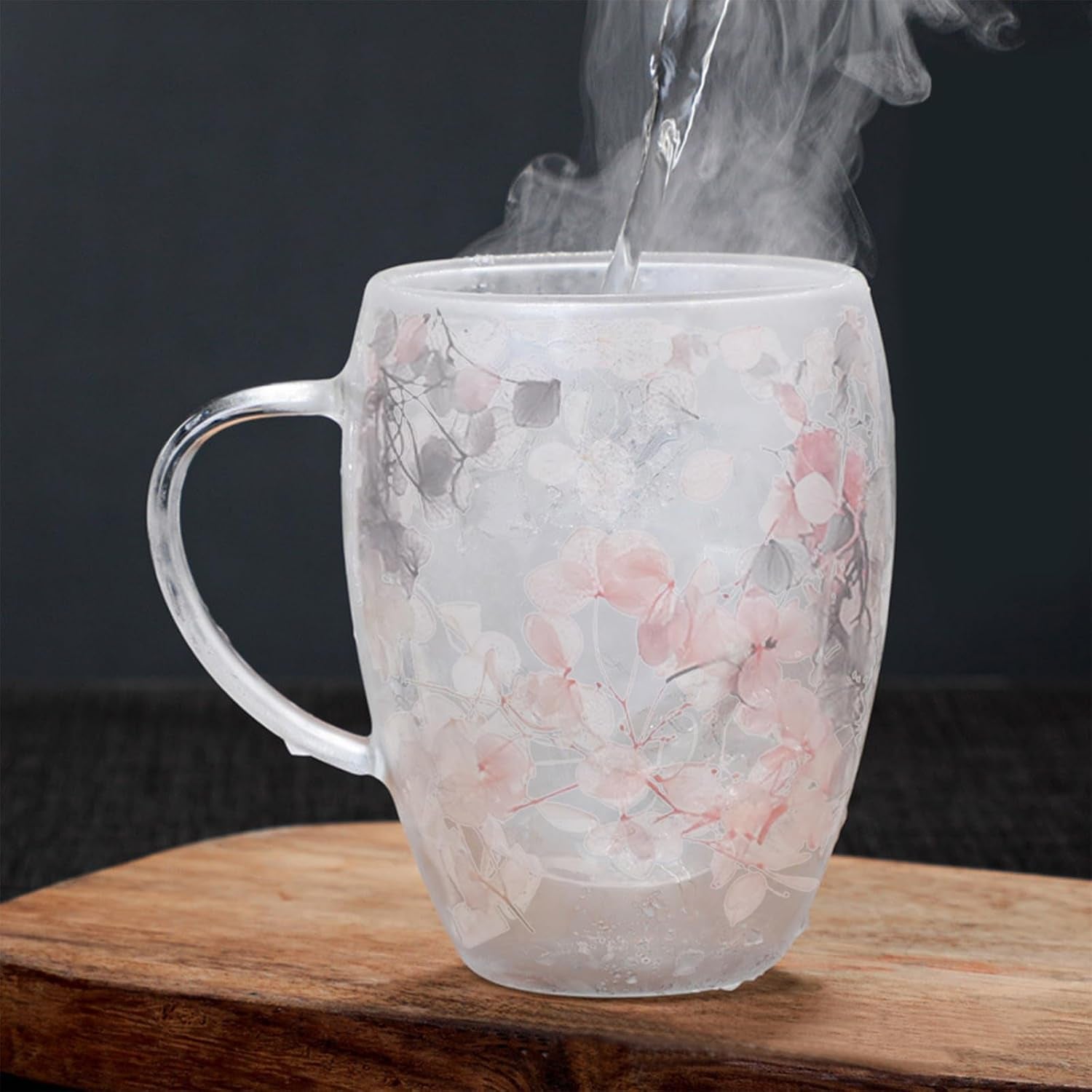 Gifts for Women Dried Flowers Double Wall Glass Coffee Mugs Cute Glass Tea Cups with Handles Christmas Birthday Gifts for Best Friend Teacher Mum Gifts Ideas Autumn Mug Home Decor(Grey+Pink)