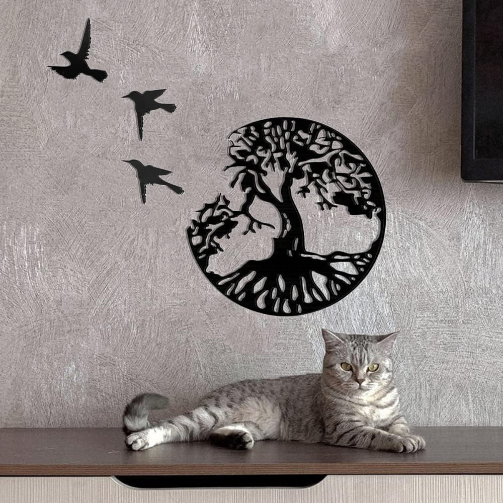 Black Metal Wall Art Tree Life Metal Wall Decor Wall Sculptures Tree Bird Shaped Wall Sign Black Hanging Ornaments for Bedroom Living Room Decoration(28Cm/11.02In)