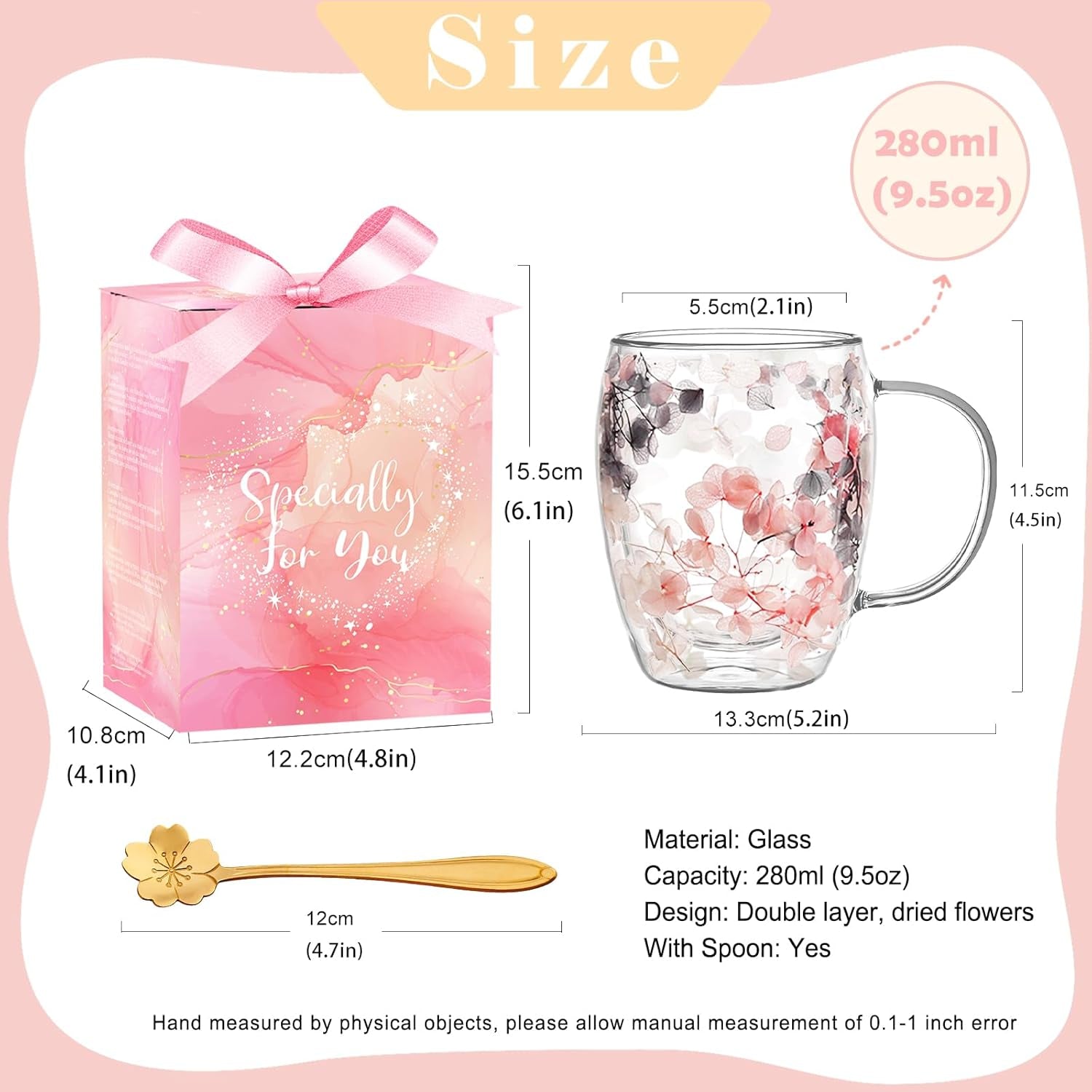 Gifts for Women Dried Flowers Double Wall Glass Coffee Mugs Cute Glass Tea Cups with Handles Christmas Birthday Gifts for Best Friend Teacher Mum Gifts Ideas Autumn Mug Home Decor(Grey+Pink)