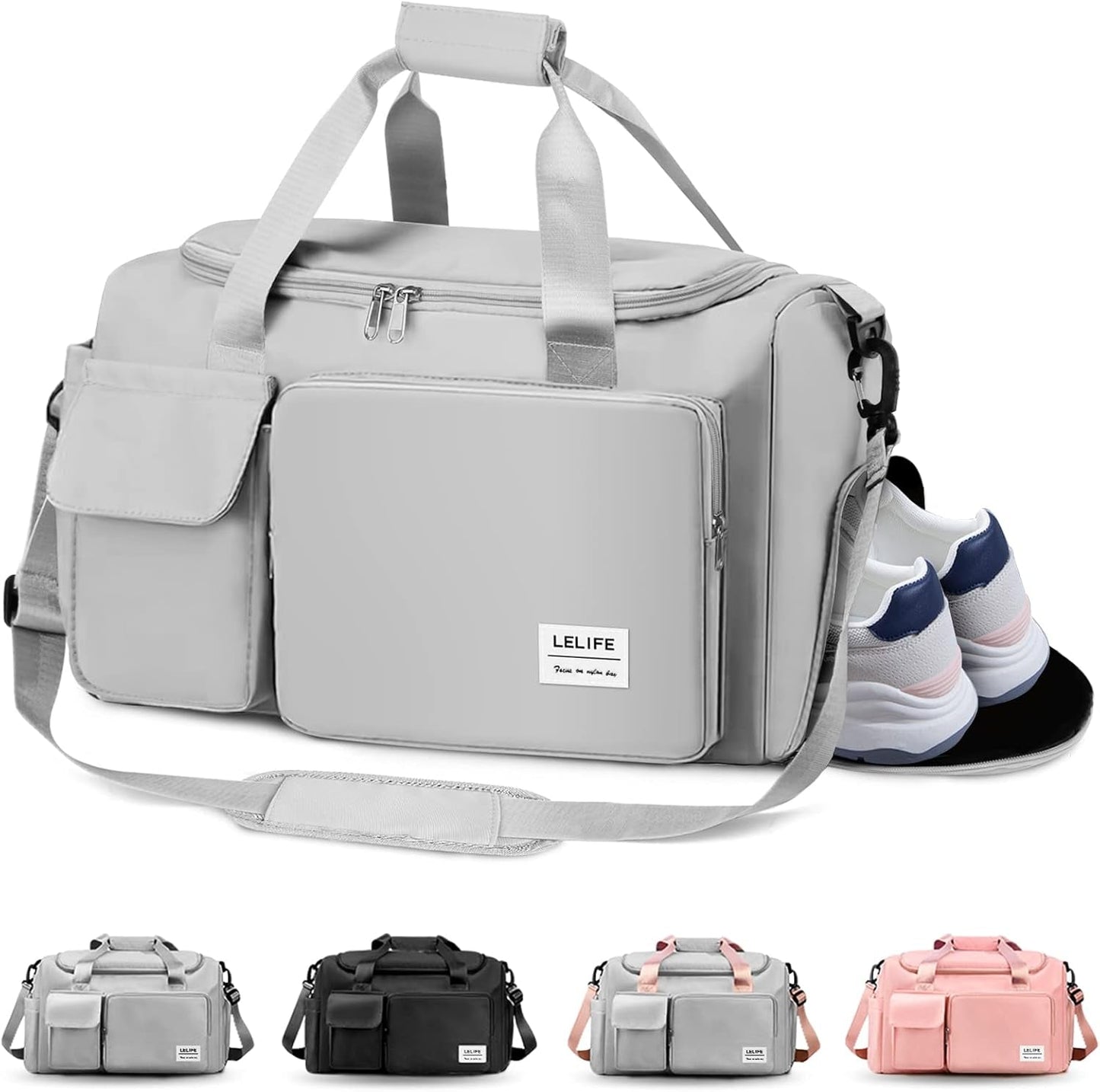 Gym Bag, Travel Bag with Wet Pocket, Portable Overnight Bags for Women, Waterproof Lightweight Gym Bag Mens for Weekender, Vacation(Grey)