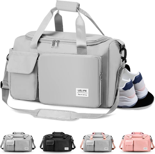 Gym Bag, Travel Bag with Wet Pocket, Portable Overnight Bags for Women, Waterproof Lightweight Gym Bag Mens for Weekender, Vacation(Grey)