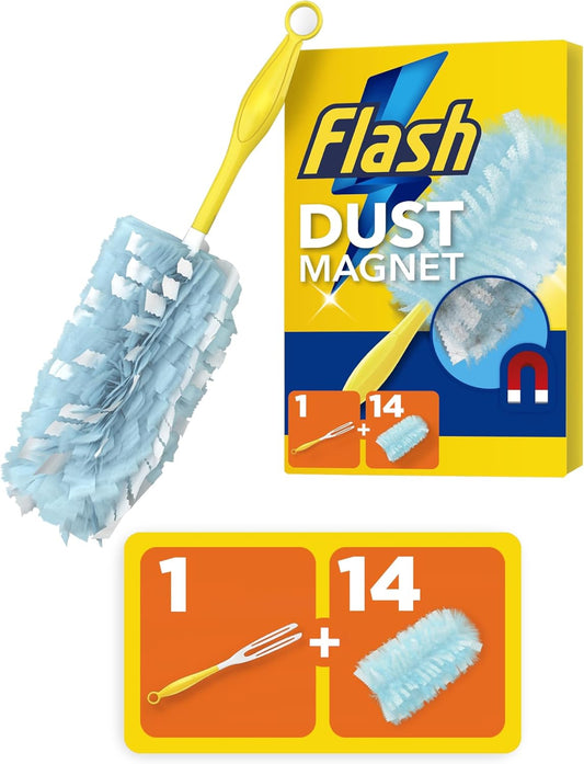 Duster Dust Magnet Starter Kit, Dusters, 1 Handle + 14 Refills, Trap and Lock Away Dust, Dirt and Hair in No Time,  Dust Magnet Refill