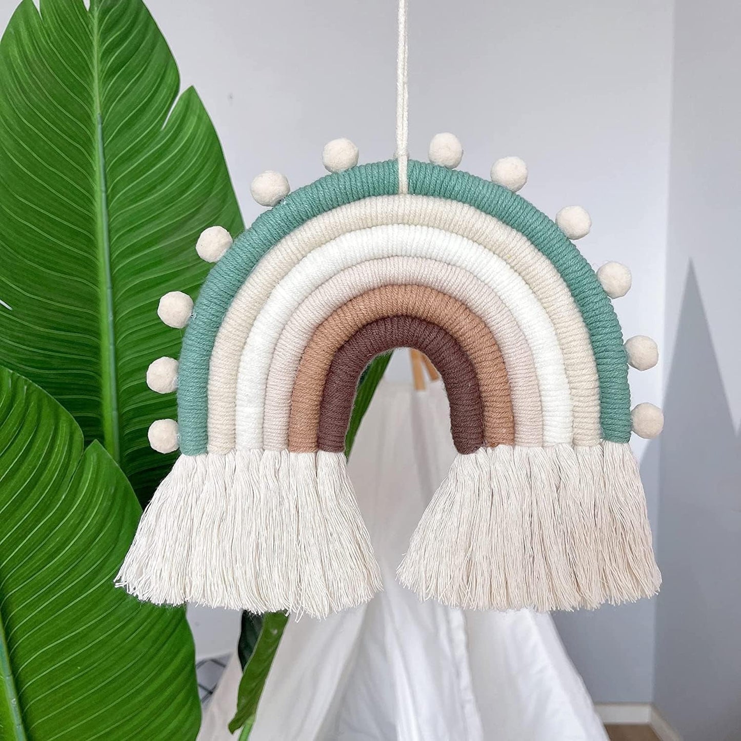 Rainbow Macrame Wall Hanging Decorations for Nursery Décor, Kids Bedroom Woven Tassel for Girls& Boys, Handmade Playroom Cotton Accessories for Baby Toddler Room (Beige)