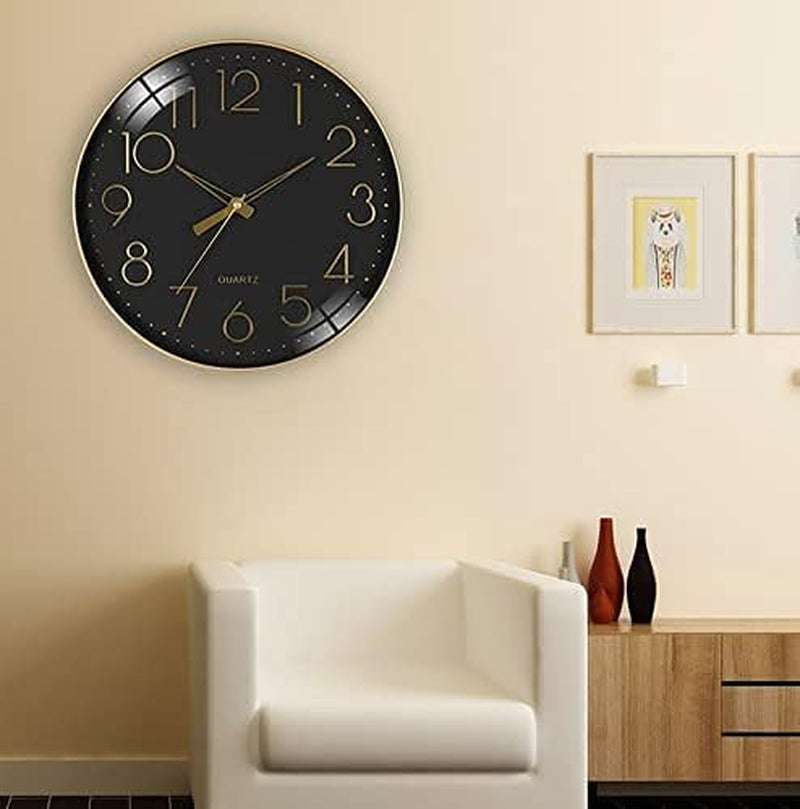Black Wall Clock 12" Silent Non Ticking Arabic Numeral Clock round Decorative Wall Clock for Living Room, Bedroom, Kitchen (Battery Not Included) Gold Numbers
