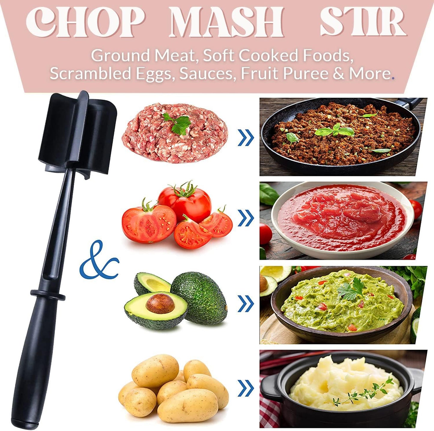 Meat Chopper, Ground Beef Masher with 5-Blade Head, Versatile High-Temp Heat-Resistant Hamburger Mince Masher, Non-Stick Mince Meat Masher for Hamburger Meat, Beef, Nylon Utensil Cookware