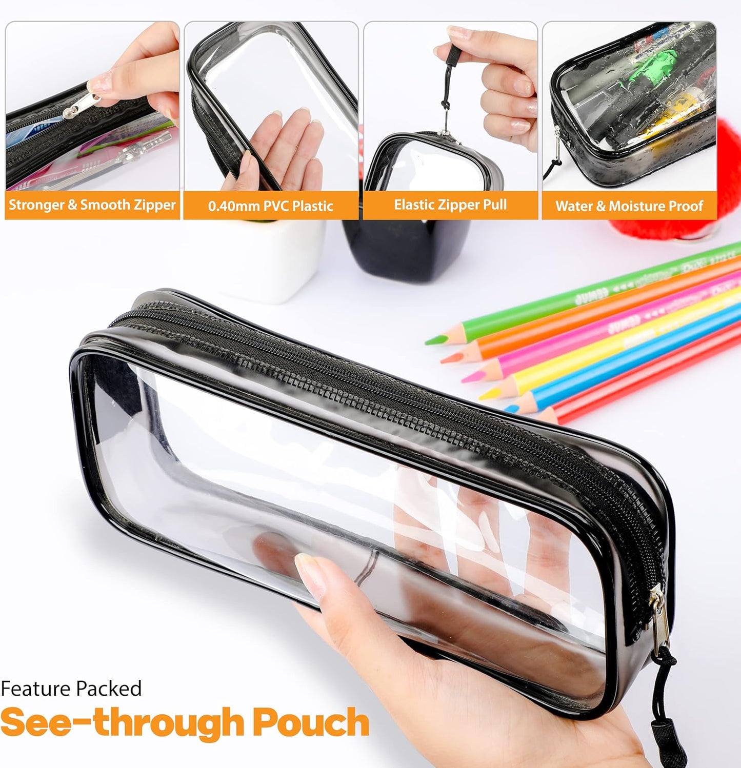 Clear Pencil Case Black | 22X4X9 Cm Stylish, Practical and Transparent Pencil Case | Versatile Storage for Stationery, Toiletries, Makeup, Travel & Office Supplies