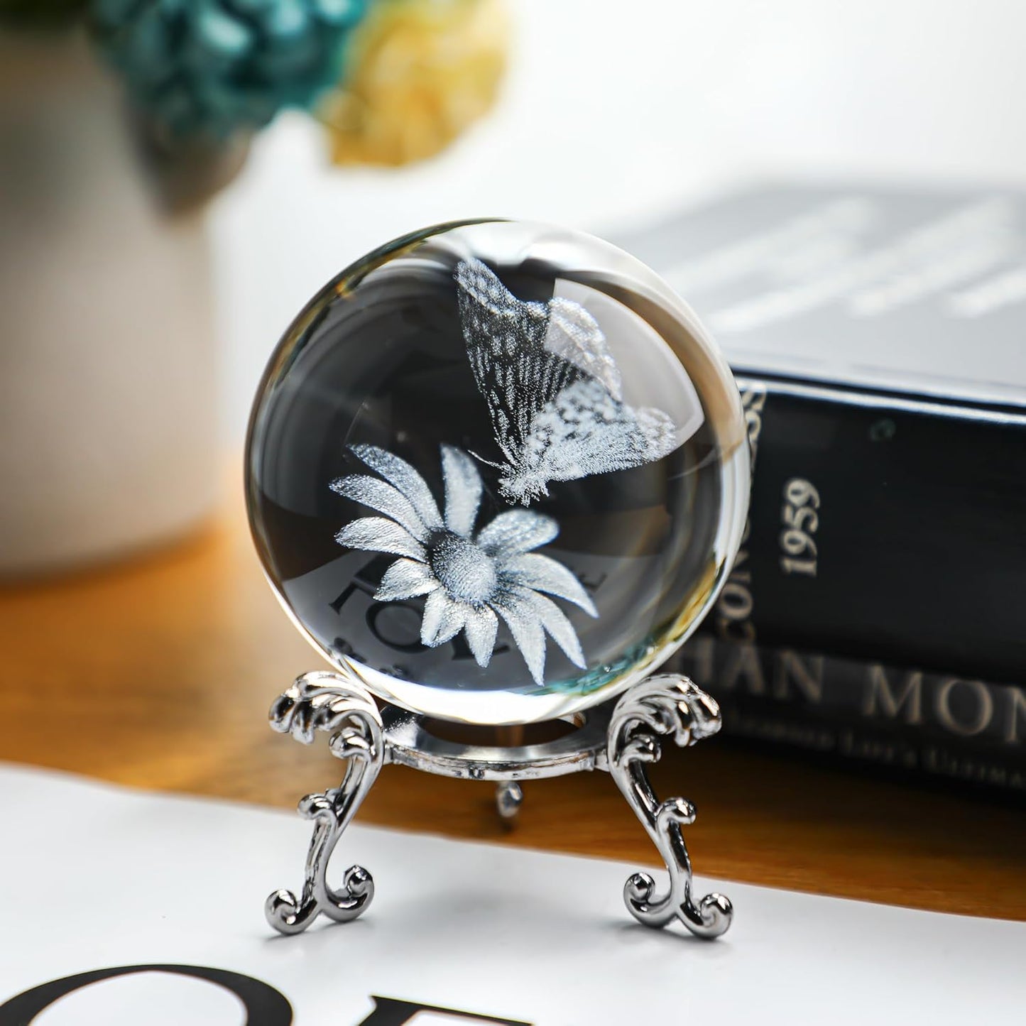 60Mm Butterfly Crystal Ball Paperweight,3D Laser Engraved Butterfly on Sunflower in Glass Ball with Stand Decorative Butterfly Glass Sphere Home Decor Gifts for Women Girls