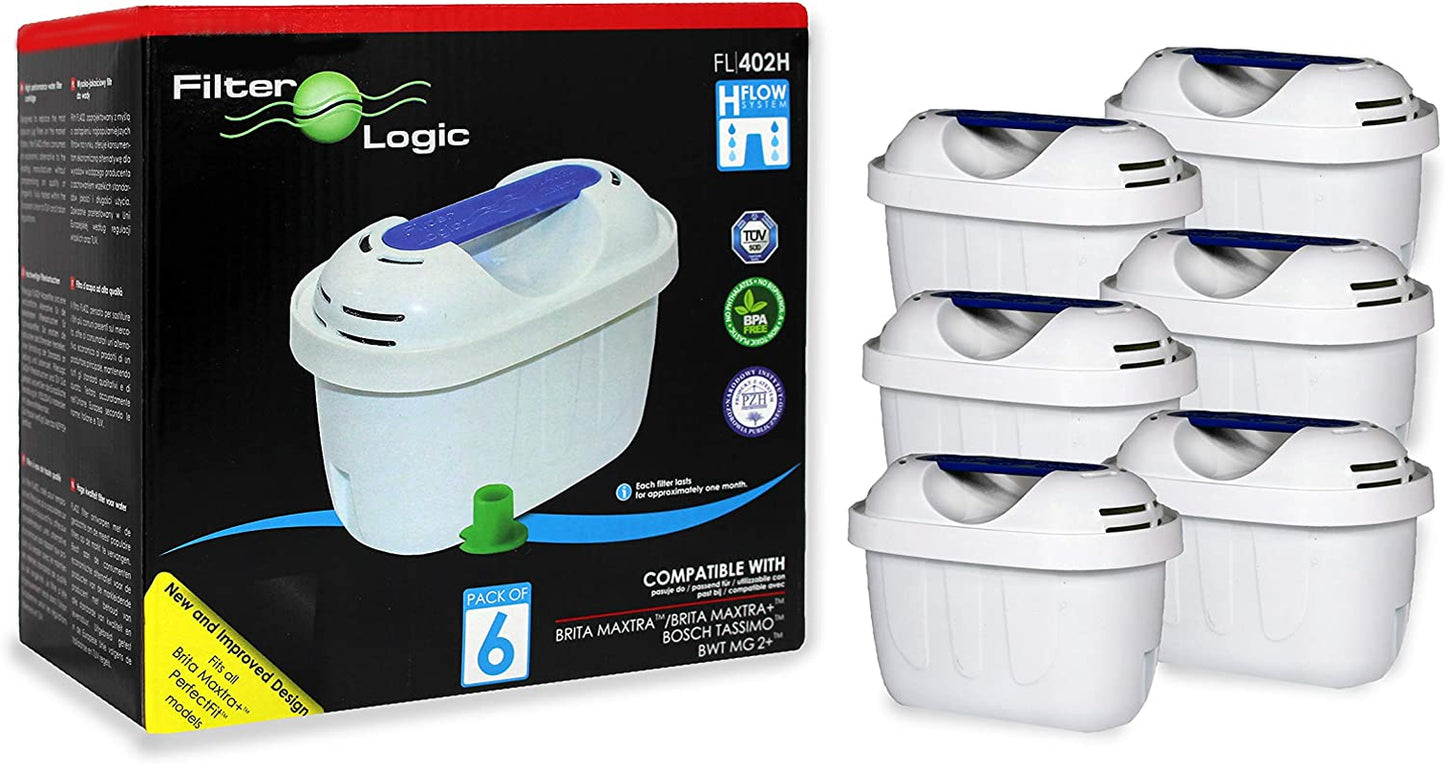 Universal 6 Pack Filter Cartridges Compatible with Brita Maxtra & Plus+ Water Jugs, White, Fits -Marella-Elemaris-Bosch Tassimo & Kettles