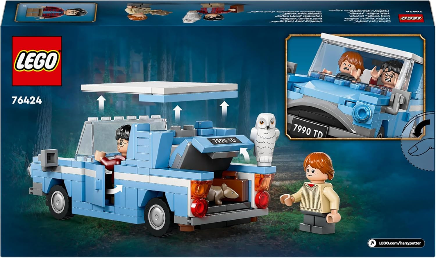 Harry Potter Flying Ford Anglia Car Toy for 7 plus Year Old Kids, Boys & Girls, Buildable Model with Ron Weasley Character Minifigure and Hedwig the Owl Figure, Wizarding World Gifts 76424