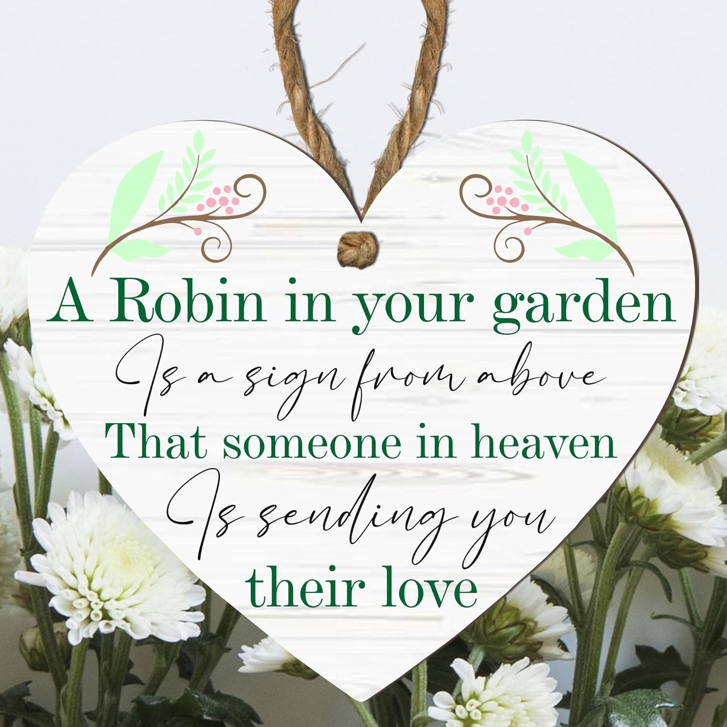 Robin Memorial Garden Grave Hanging Heart Wooden Heart Memorial Plaque with Robin Design - Remember Loved Ones in Heaven | Handcrafted Keepsake | Modern Rustic Home Decor | Made in UK