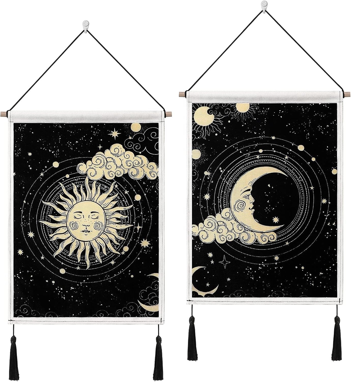 Japanese Moon and Sun Wall Tapestry with Tassels 2 Pack Black Banner Tapestry Wall Hanging Bohemian Wall Art Decor for Bedroom Aesthetic Living Room (Sun&Moon)