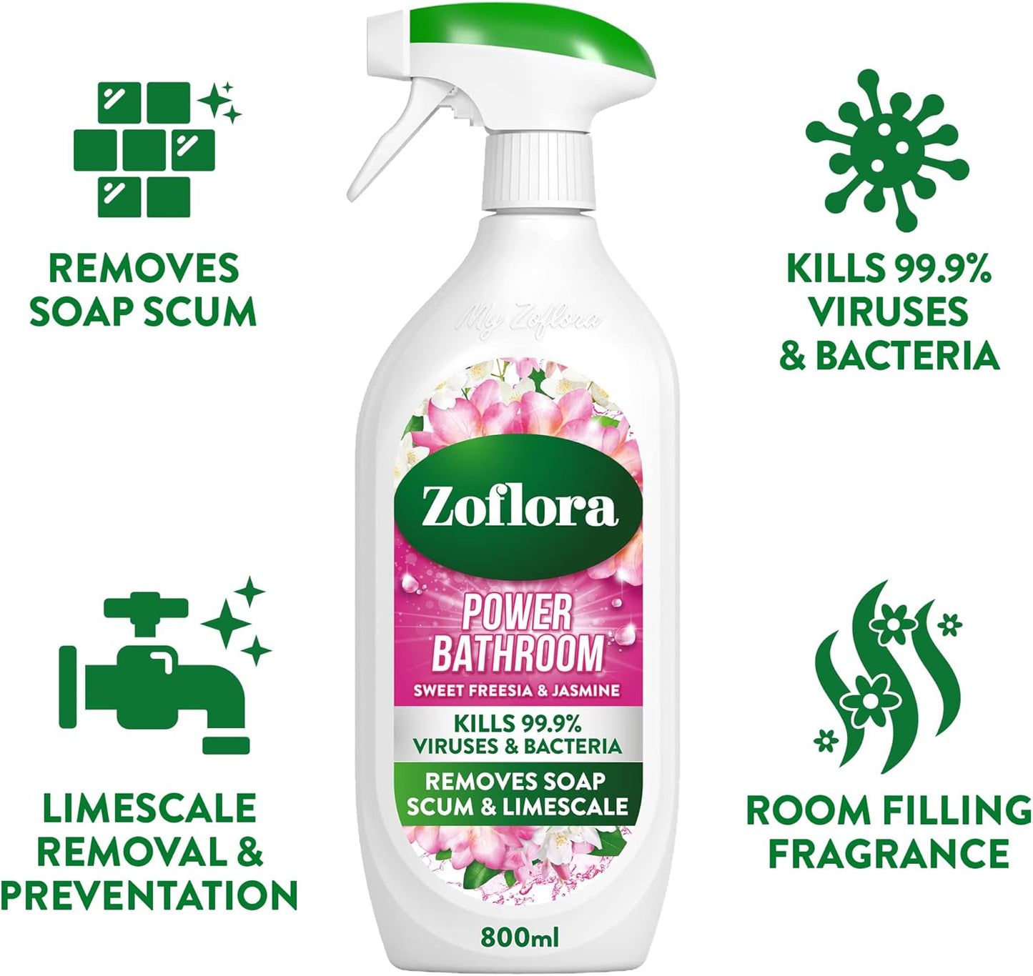 Sweet Freesia & Jasmine Power Bathroom Cleaner, Removes Soap Scum, Limescale Remover & Prevention, Antibacterial Multi-Surface Bathroom Spray, Kills 99.9% of Bacteria & Viruses, 1 X 800 Ml