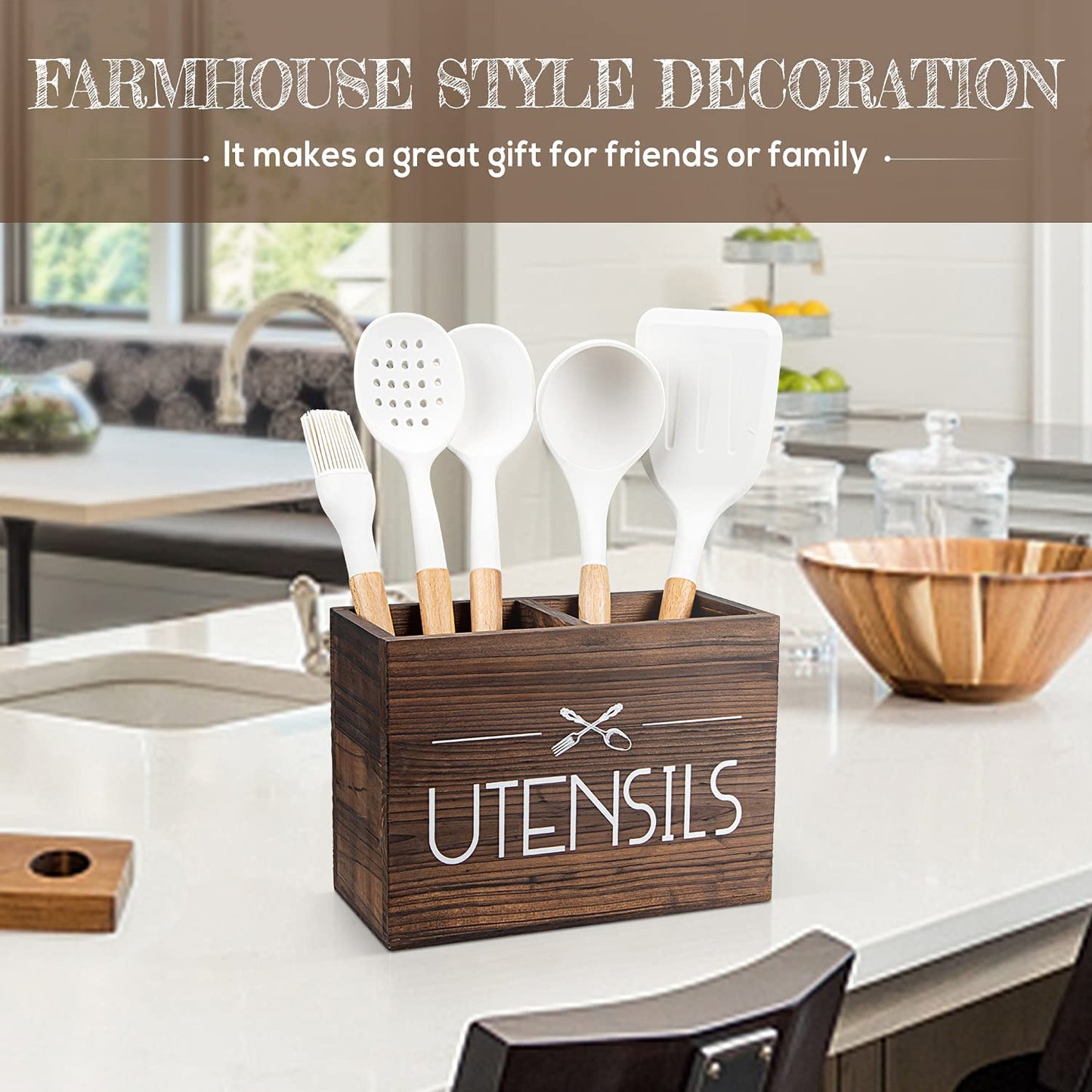 Wooden Kitchen Utensil Holder, Utensil Organizer for Countertop, Rustic Wood for Farmhouse Kitchen Decor, Farmhouse Utensil Caddy with 2 Compartments (Brown)