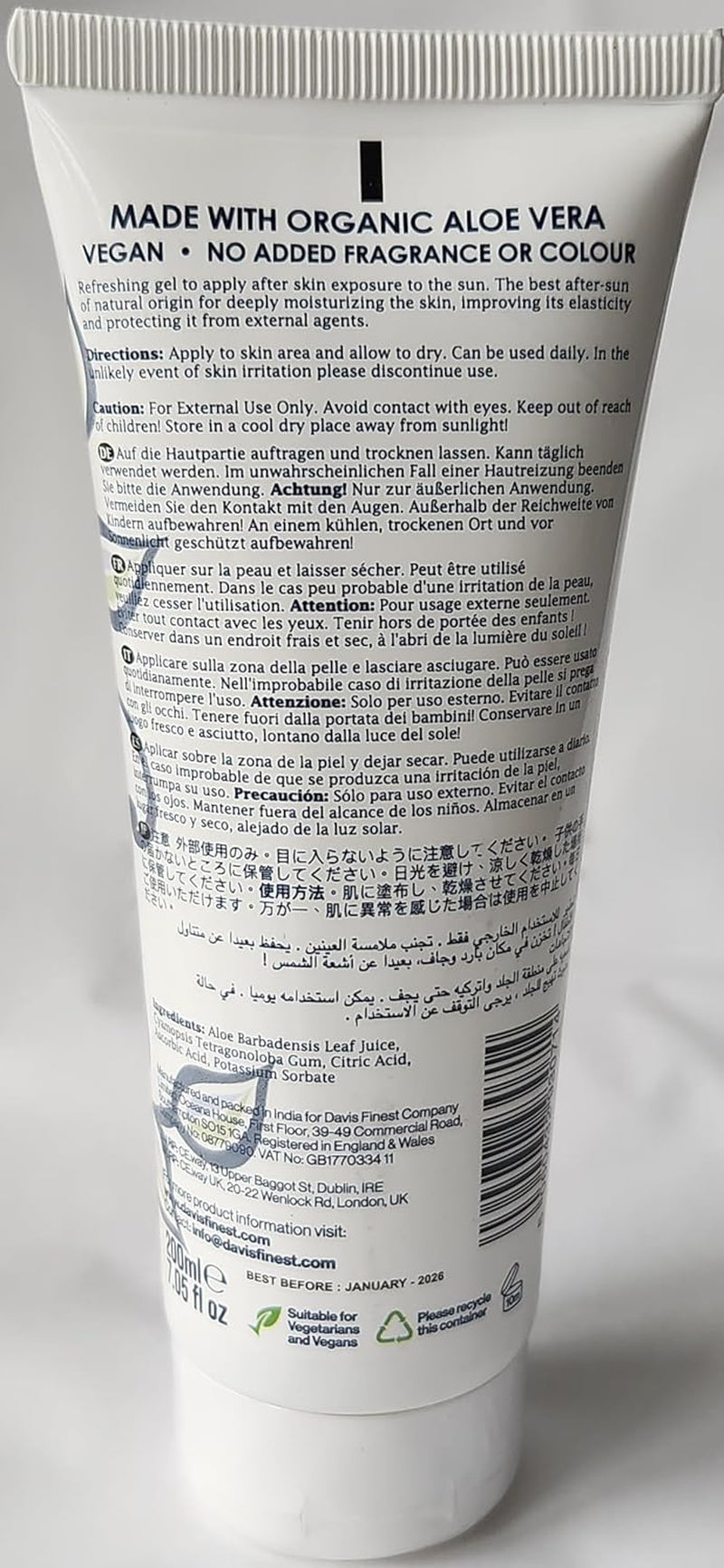 98% Organic Pure Aloe Vera Gel 200Ml, Face, Dry Skin, Hair, Natural, Moisturiser, After-Sun, Calming, Soothing, Vegan